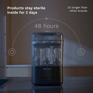 Matte black bottle sterilizer dryer keeps baby bottles sterile inside for 48 hours