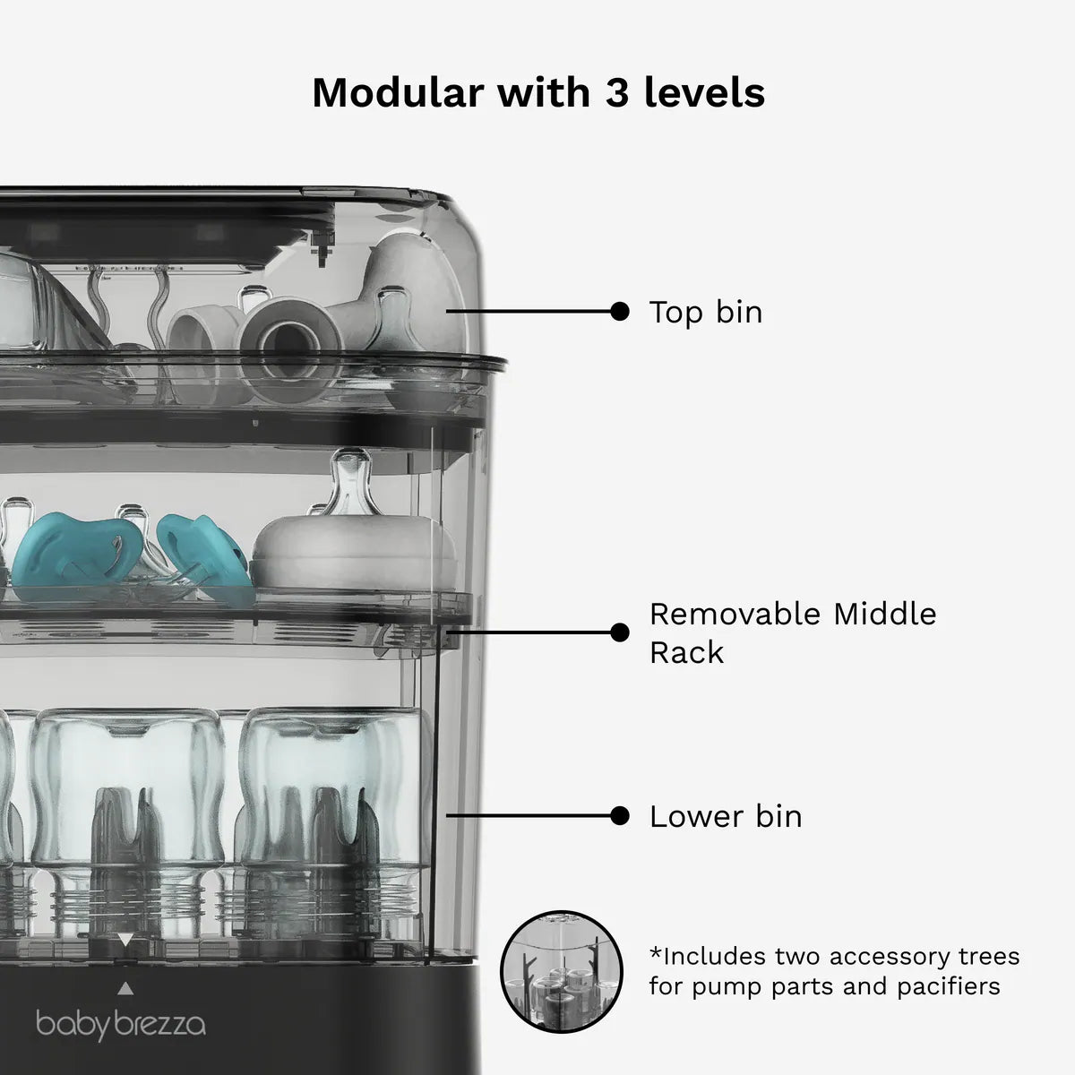 Modular 3-level baby bottle sterilizer with top bin, removable middle rack and lower bin