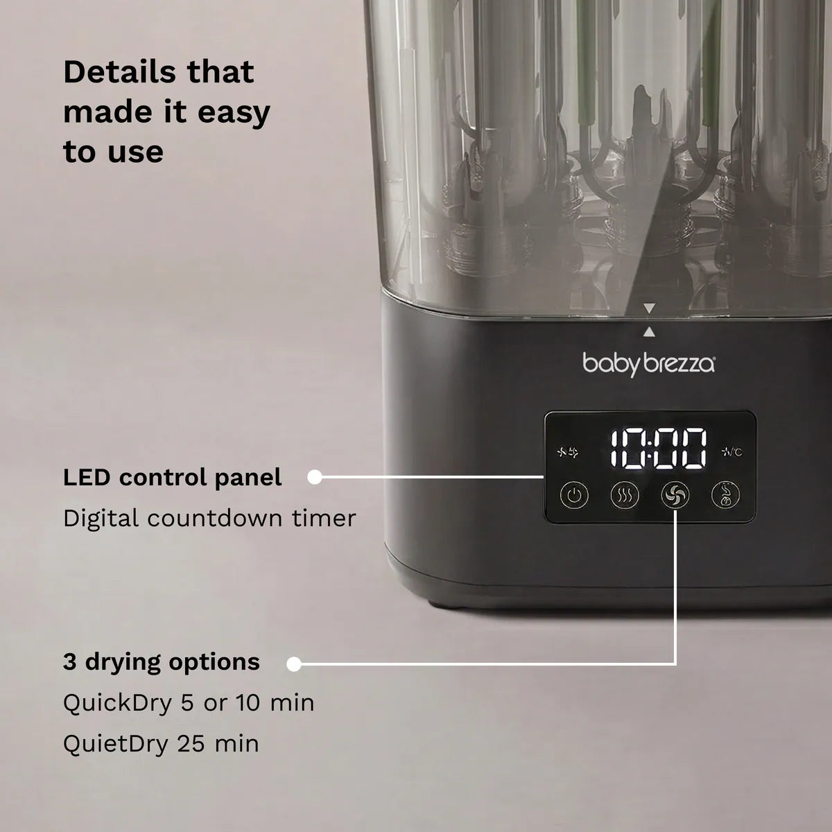 Baby Brezza sterilizer dryer LED control panel with digital countdown timer and QuickDry and QuietDry options