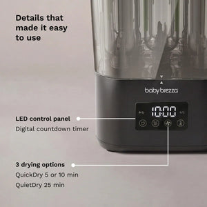 Baby Brezza sterilizer dryer LED control panel with digital countdown timer and QuickDry and QuietDry options
