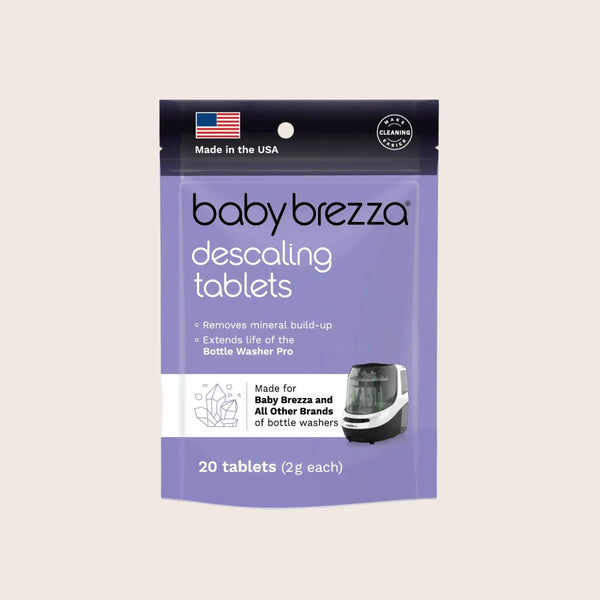 Package of Baby Brezza bottle washer pro descaling tablets on a light beige background