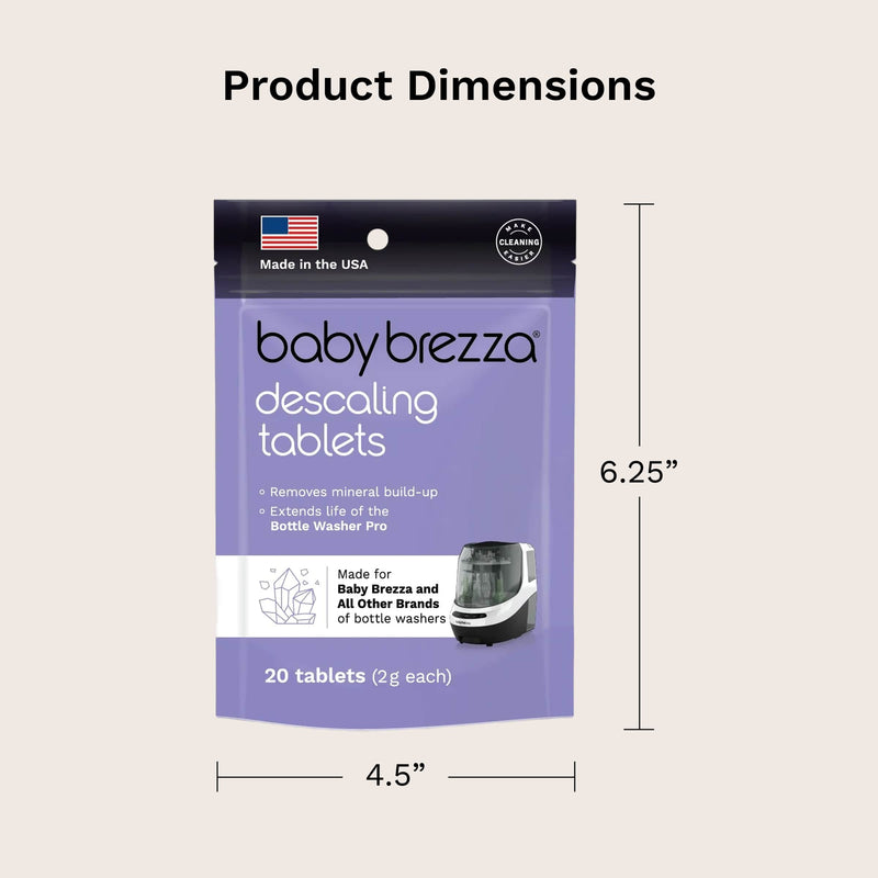 Baby Brezza descaling tablets packaging with dimensions 6.25" high 4.5" wide