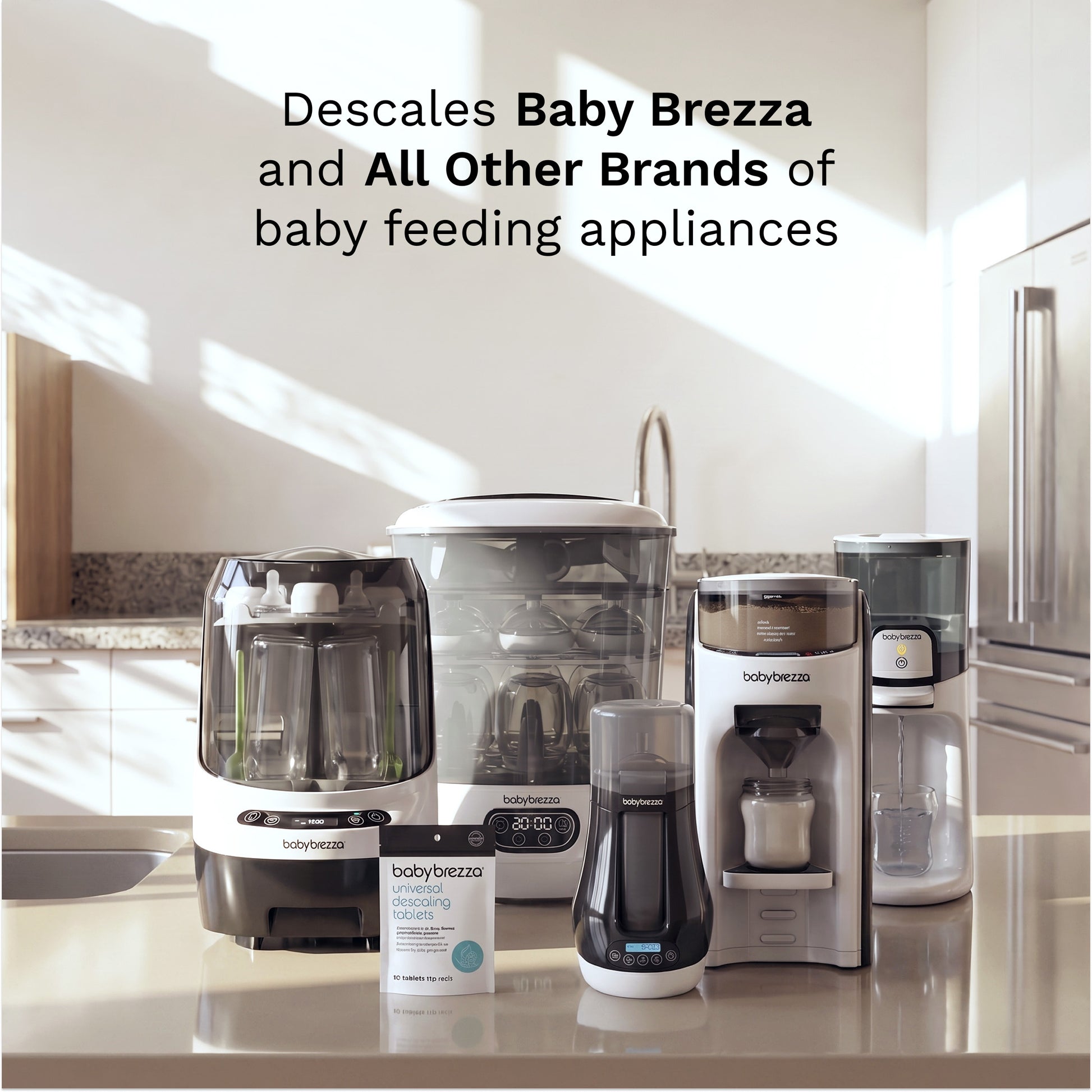 A group of baby feeding appliances displayed on a kitchen countertop, including a blender, a sterilizer, a coffee maker, and a small bottle, with text reading 'Descales Baby Brezza and All Other Brands of baby feeding appliances' above them.