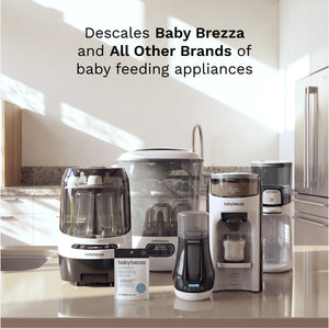 A group of baby feeding appliances displayed on a kitchen countertop, including a blender, a sterilizer, a coffee maker, and a small bottle, with text reading 'Descales Baby Brezza and All Other Brands of baby feeding appliances' above them.