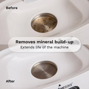 Before and after comparison of a mineral buildup removal product on a white appliance, showing a dirty metallic drain opening in the top image and a clean metallic drain opening in the bottom image, with text overlays reading 'Before', 'After', and 'Removes mineral build-up Extends life of the machine'.