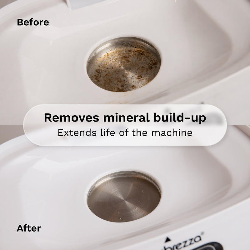 Before and after comparison of a mineral buildup removal product on a white appliance, showing a dirty metallic drain opening in the top image and a clean metallic drain opening in the bottom image, with text overlays reading 'Before', 'After', and 'Removes mineral build-up Extends life of the machine'.