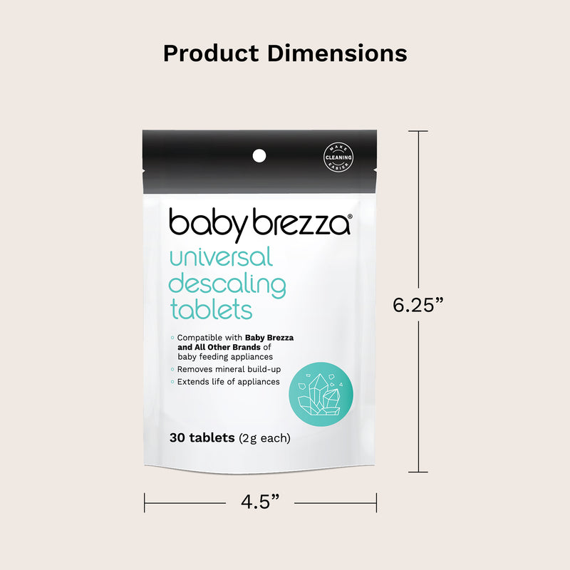 Product dimensions diagram for Baby Brezza Universal Descaling Tablets, showing a white and black resealable pouch with teal text, labeled 4.5 inches wide and 6.