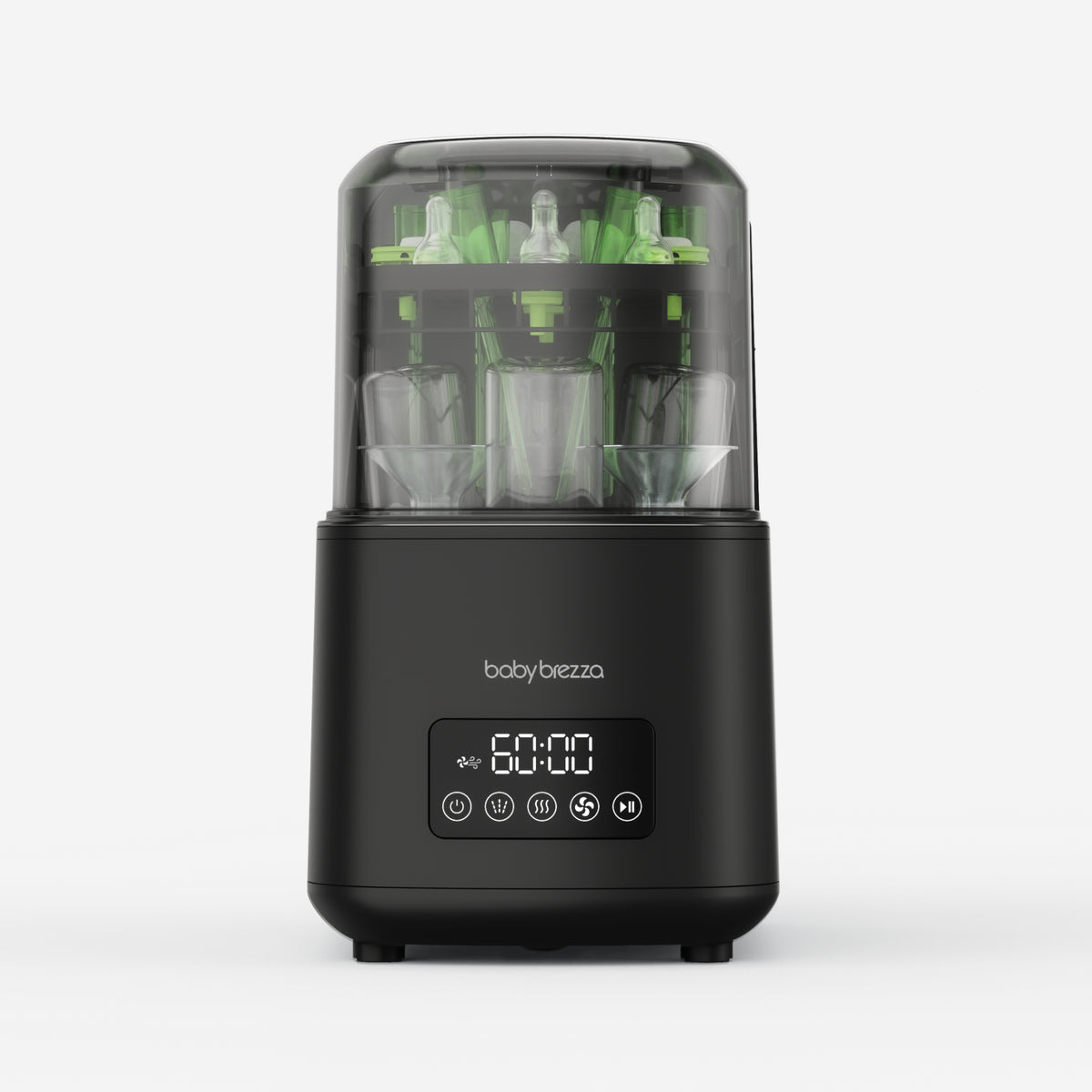 A Baby Brezza baby bottle washer shown on a light gray background. The device has a matte black base with a digital display showing '60:00' and is topped with a clear plastic chamber containing green and clear baby bottles.