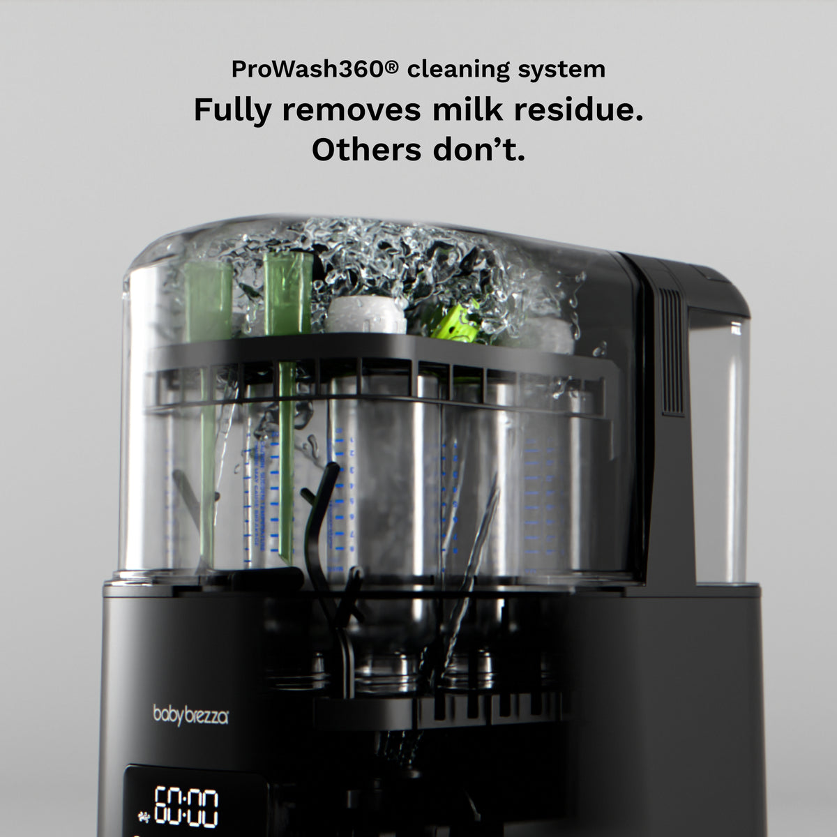Baby bottle cleaning machine with a black base, clear upper chamber, and multiple inner cylinders, shown with text reading 'ProWash360® cleaning system' and 'Fully removes milk residue. Others don’t.