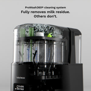 Baby bottle cleaning machine with a black base, clear upper chamber, and multiple inner cylinders, shown with text reading 'ProWash360® cleaning system' and 'Fully removes milk residue. Others don’t.