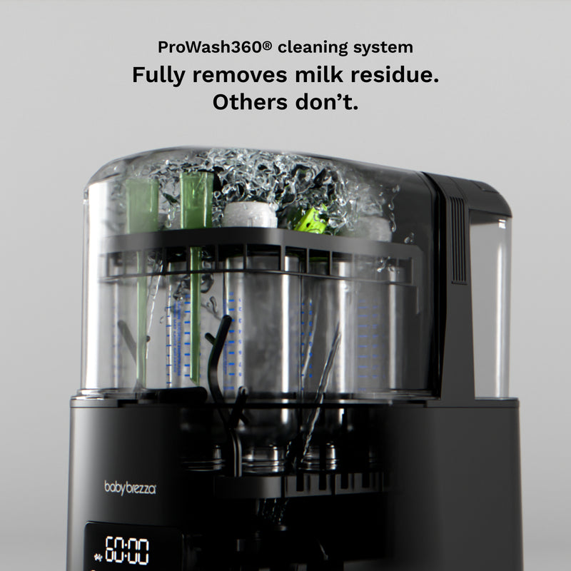 Baby bottle cleaning machine with a black base, clear upper chamber, and multiple inner cylinders, shown with text reading 'ProWash360® cleaning system' and 'Fully removes milk residue. Others don’t.