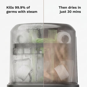 A split-screen comparison graphic showing a clear dome-shaped washer, sterilizer and drying container with text reading 'Kills 99.9% of germs with steam' on the left and 'Then dries in just 30 mins' on the right.