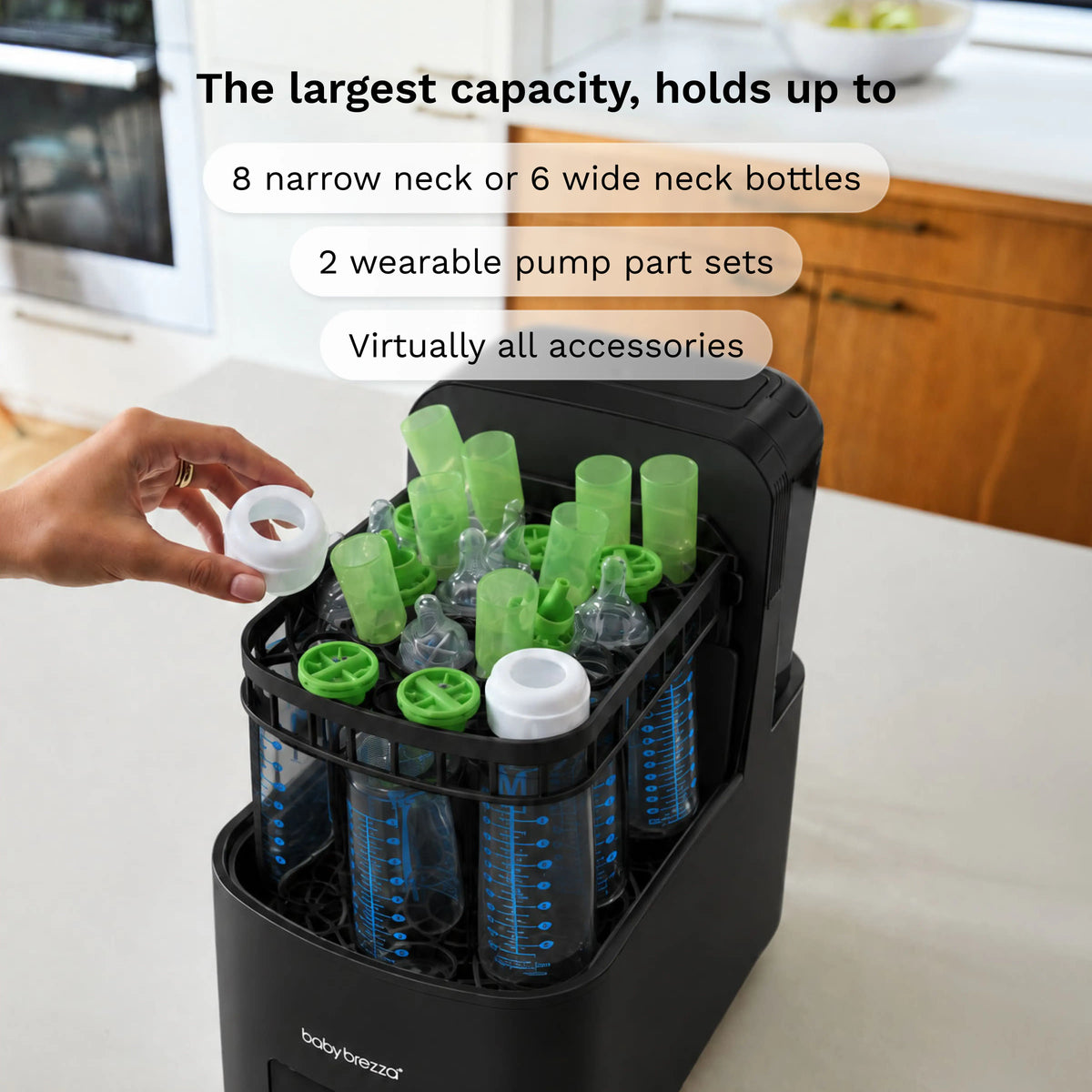 The largest capacity holds up tp 8 narrow baby bottles and 6 wide