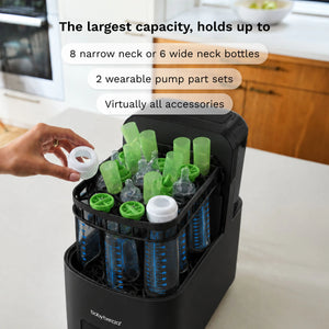 The largest capacity holds up tp 8 narrow baby bottles and 6 wide