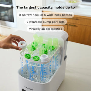 The largest capacity holds up tp 8 narrow baby bottles and 6 wide 2 wearable pump part sets