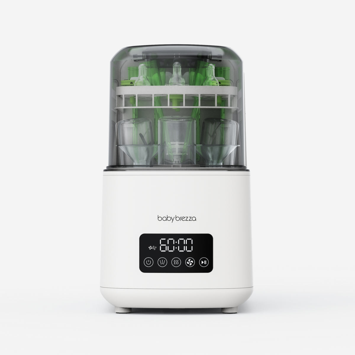 A white Baby Brezza baby washer, bottle sterilizer and dryer shown on a clean white background, with green baby bottles visible inside through a transparent upper chamber.