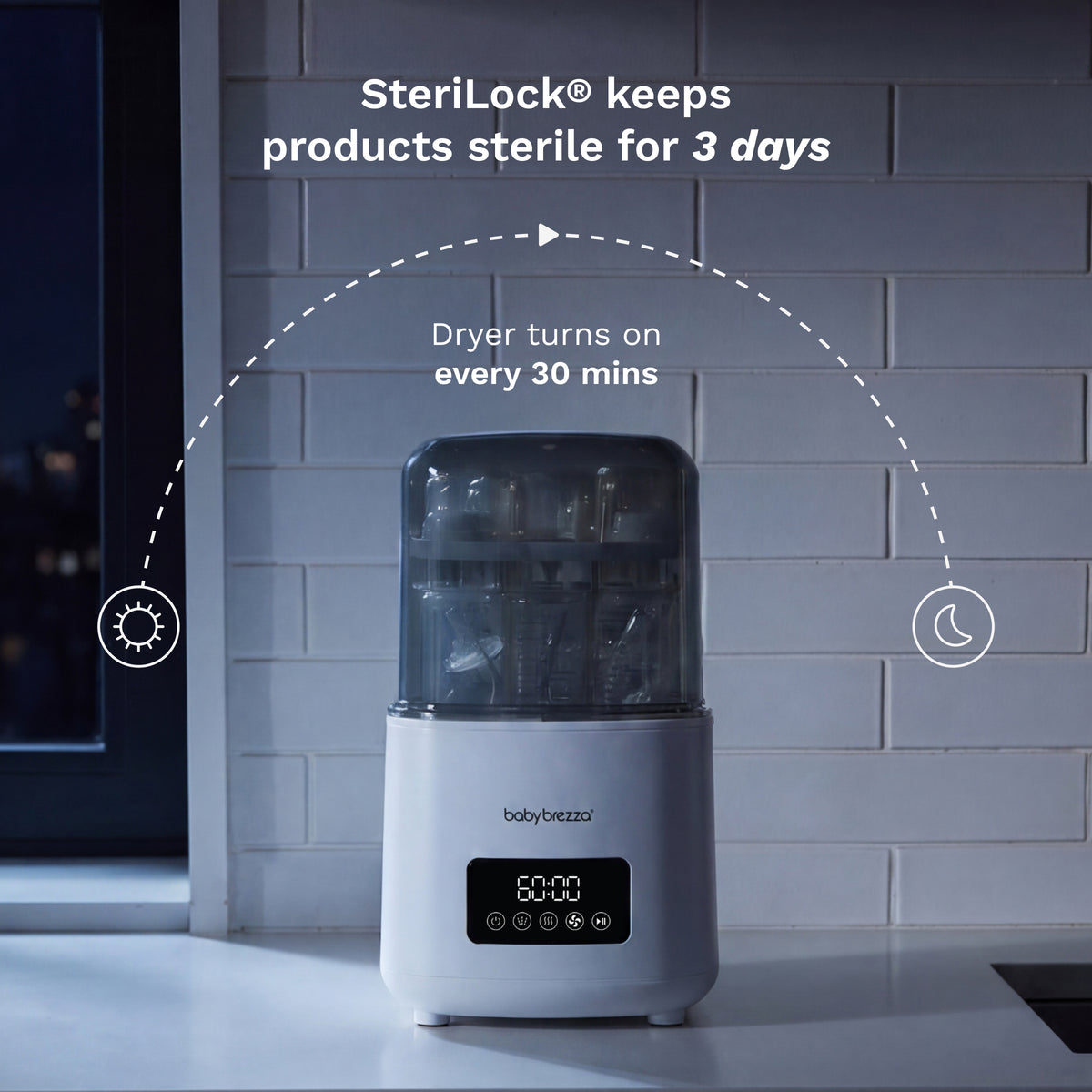 A baby bottle washer, sterilizer, and dryer shown on a kitchen counter against a white subway tile wall, with overlaid marketing text and icons explaining a 3-day sterilization cycle that turns on every 30 minutes.