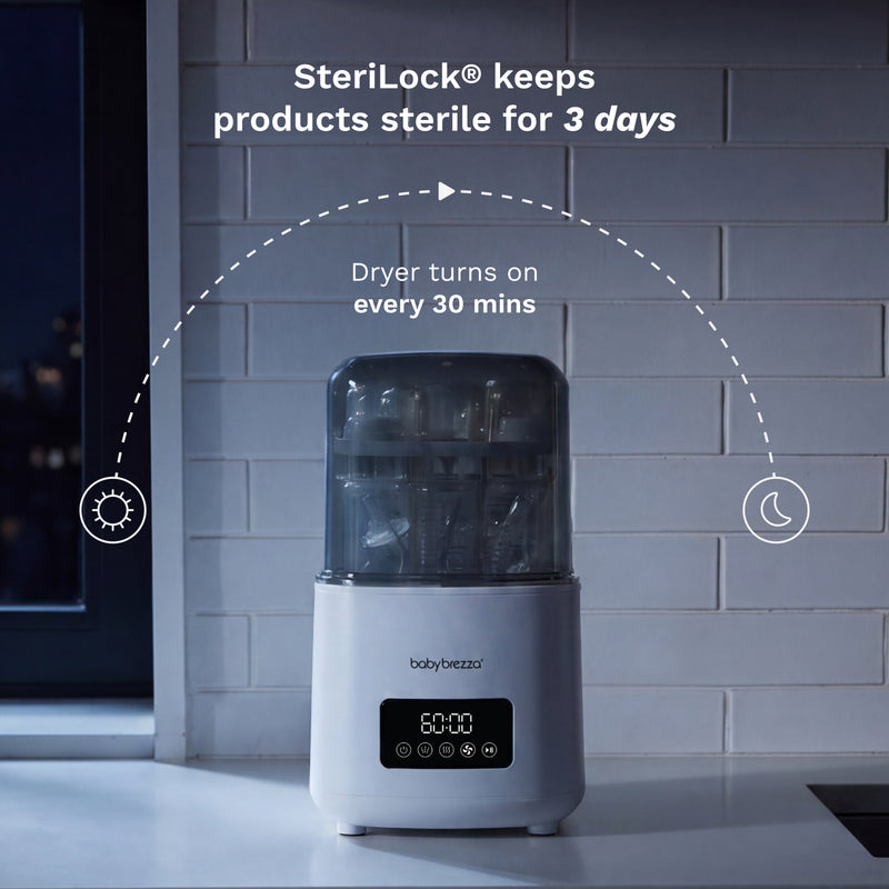 A baby bottle washer, sterilizer, and dryer shown on a kitchen counter against a white subway tile wall, with overlaid marketing text and icons explaining a 3-day sterilization cycle that turns on every 30 minutes.