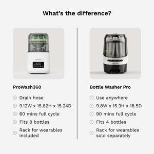 A comparison infographic titled 'What's the difference?' showing two countertop bottle washers side by side with feature lists below each. The left unit is labeled ProWash360 and is white with a clear top and small digital display.