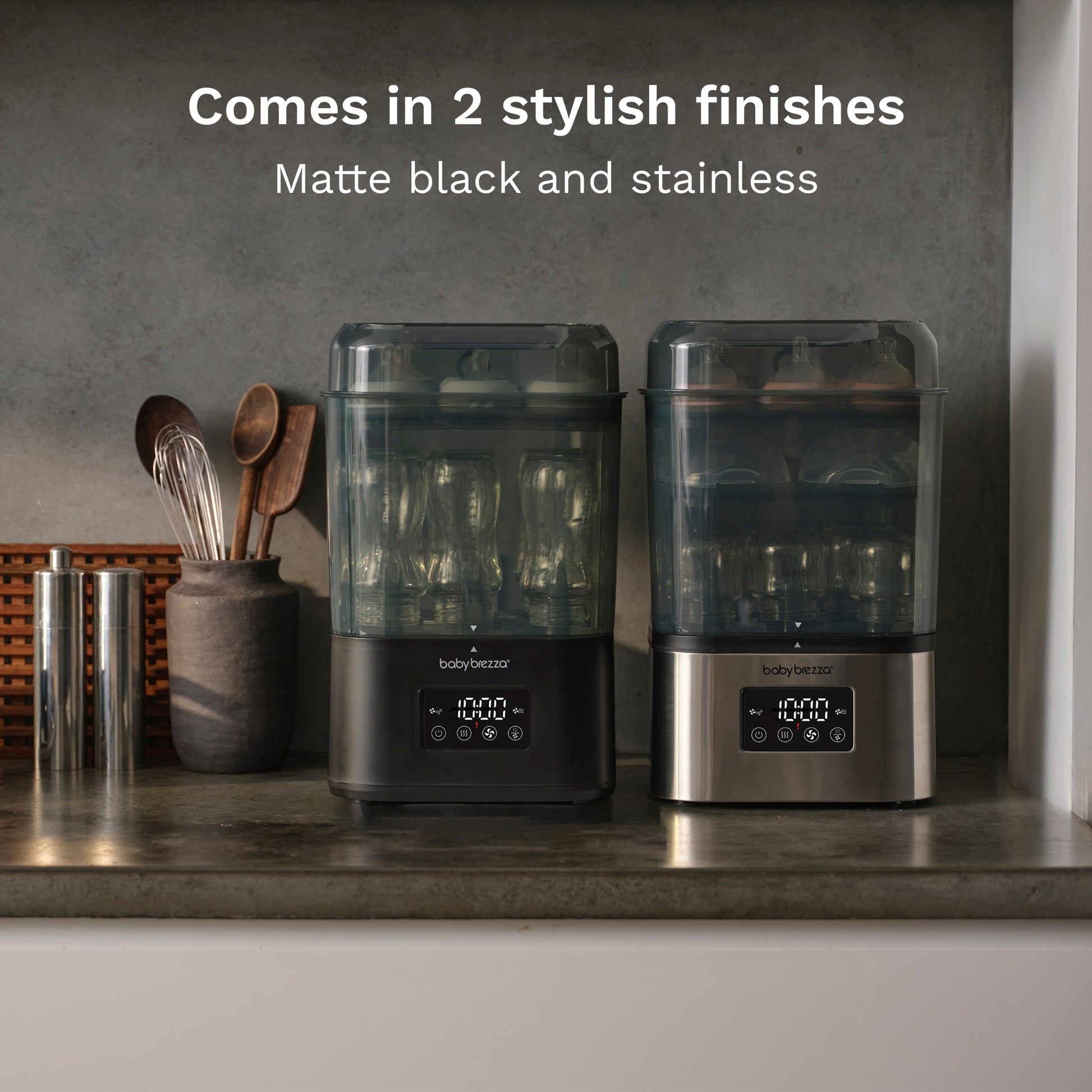 super quick 10 minute baby bottle sterilizer dryer available in matte black and stainless steel