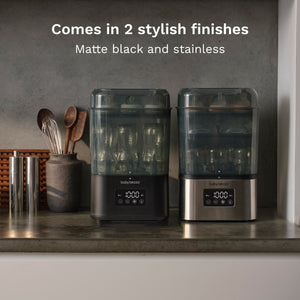 super quick 10 minute baby bottle sterilizer dryer available in matte black and stainless steel