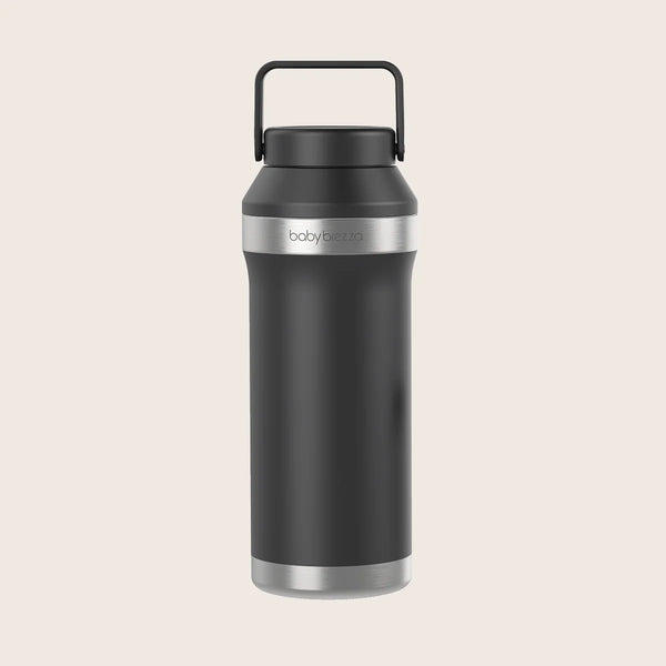 Baby Brezza portable breast milk cooler in sleek black design.
