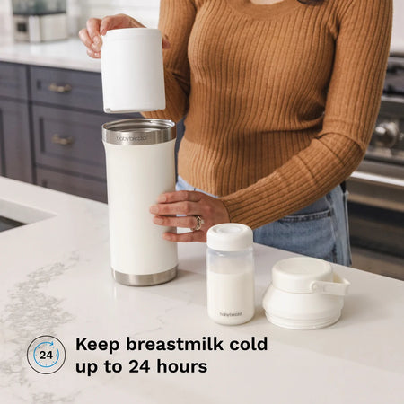 Baby Brezza milk chiller keeps breast milk cold for up to 24 hours.