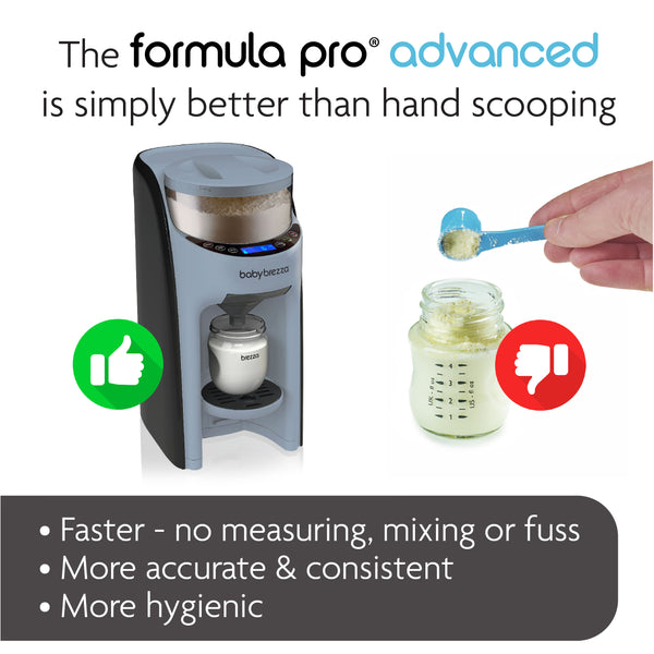 Formula Pro Advanced baby formula maker with green thumbs up alongside formula being poured into baby bottle with red thumbs down #variant_slate-backordered-until-july