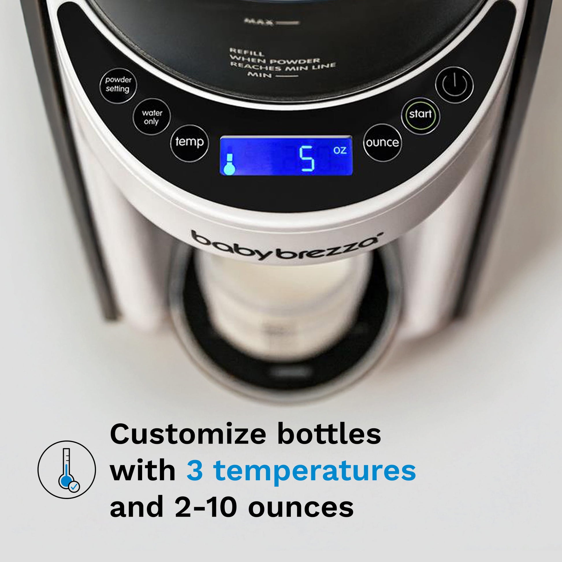 Digital control panel of Baby Brezza with temperature and ounce settings