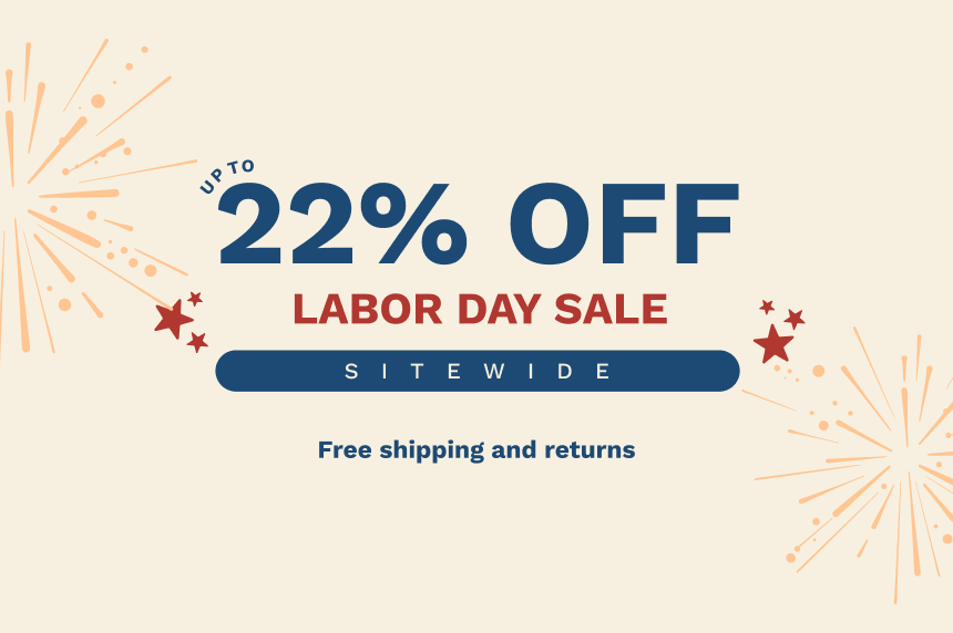 Promotional graphic for a Labor Day sale with large text reading 'UP TO 22% OFF LABOR DAY SALE' and 'SITEWIDE', plus 'Free shipping and returns' on a light beige background with orange and red fireworks and star accents.