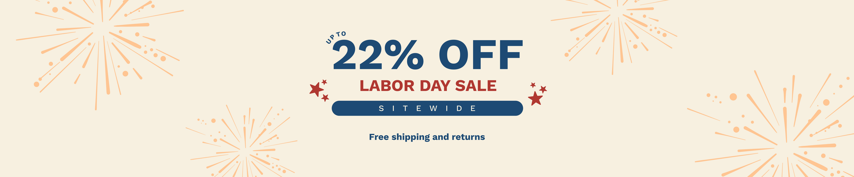 Promotional banner for Labor Day Sale with text reading 'Get 22% OFF LABOR DAY SALE SITE WIDE' and 'Free shipping and returns' on a light beige background with orange fireworks illustrations.