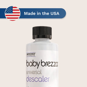 Baby Brezza universal descaler liquid bottle with 'Made in the USA' label