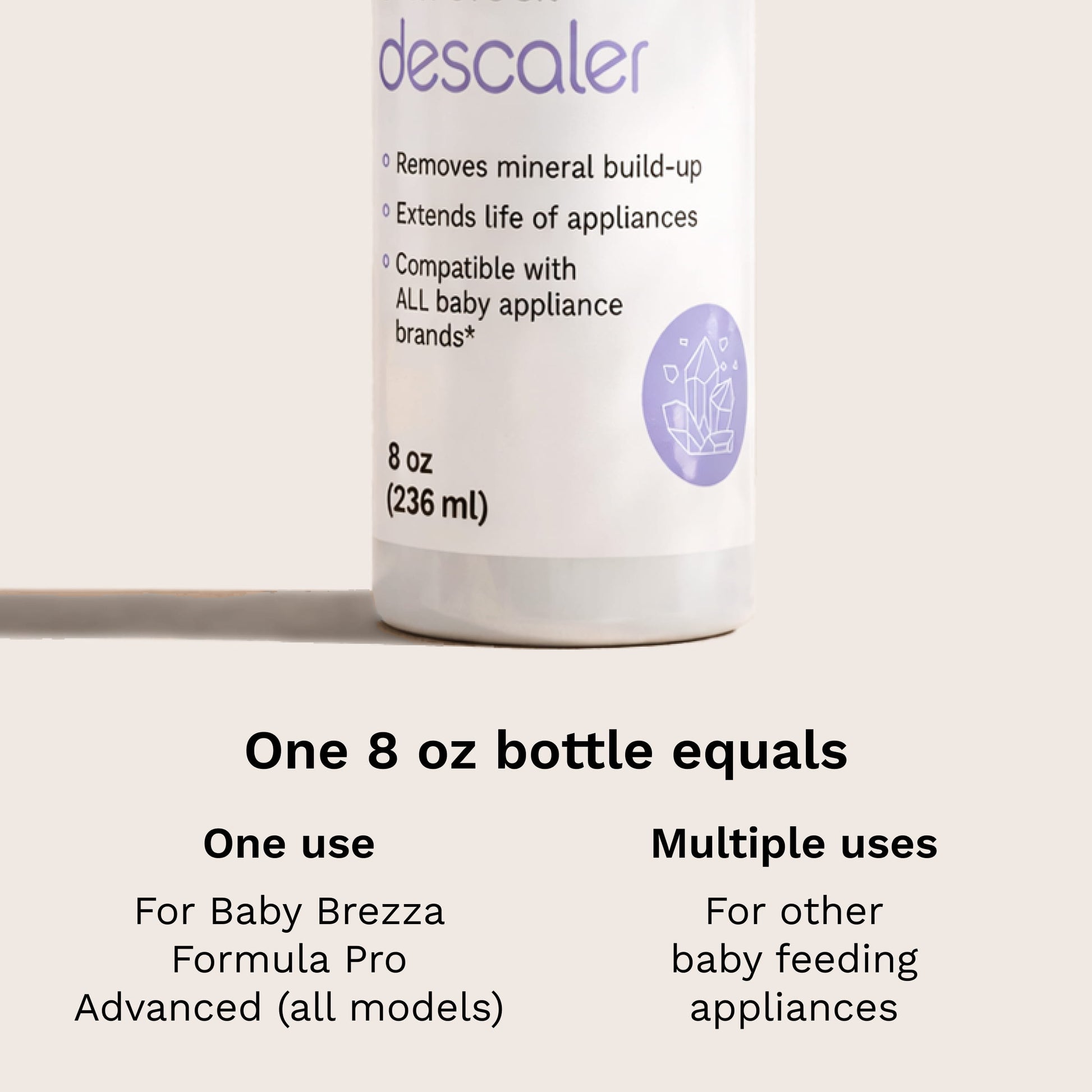 one 8 oz bottle equals one use for Baby Brezza Formula Pro Advanced (all models) or multiple uses for other baby feeding appliances