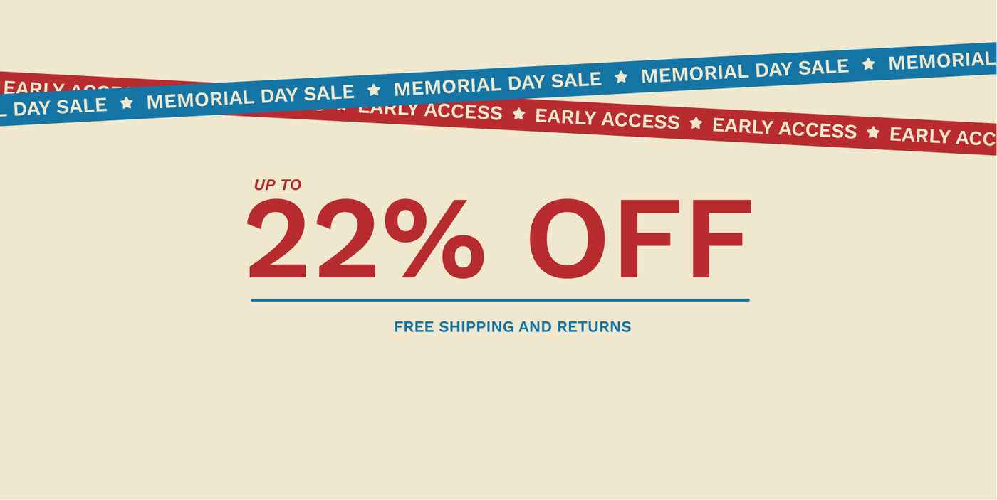 Memorial Day sale banner with text and color codes on a beige background