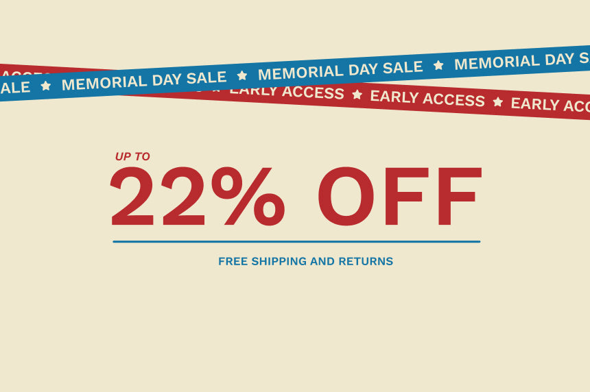 Memorial Day sale banner with text 'Up to 22% off' and 'Free shipping and returns' on a beige background.