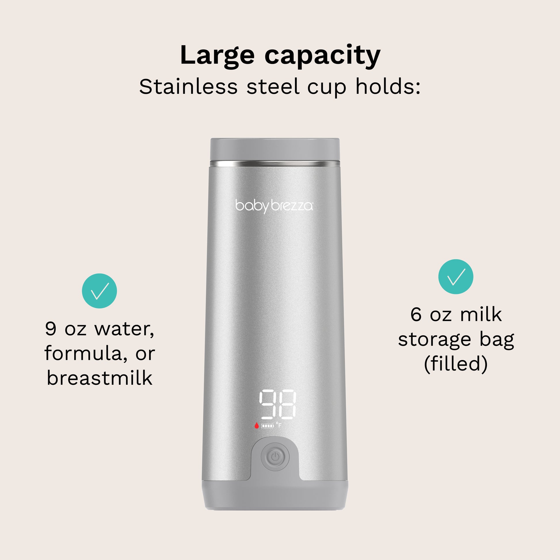 A silver Portable wamrer by Baby Brezza centered on a light beige background, with text stating it holds a large capacity 9 oz water, formula, or breastmilk and 6 oz milk storage bag (filled).