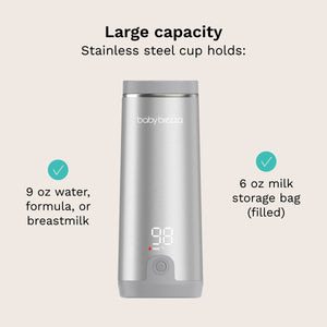 A silver Portable wamrer by Baby Brezza centered on a light beige background, with text stating it holds a large capacity 9 oz water, formula, or breastmilk and 6 oz milk storage bag (filled).