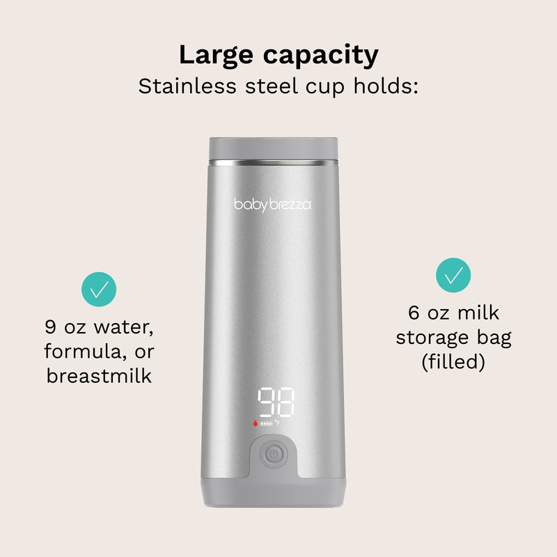 A silver Portable wamrer by Baby Brezza centered on a light beige background, with text stating it holds a large capacity 9 oz water, formula, or breastmilk and 6 oz milk storage bag (filled).