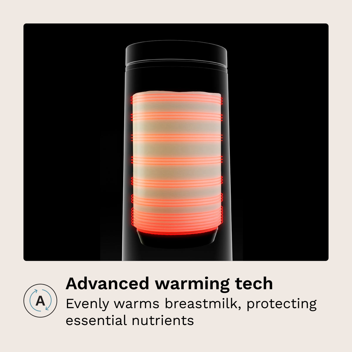 A cylindrical breastmilk warmer shown on a black background with marketing text below reading 'Advanced warming tech' and 'Evenly warms breastmilk, protecting essential nutrients.'.