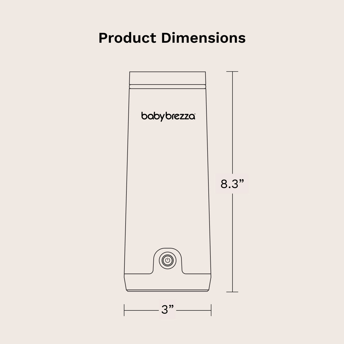 Product dimensions diagram showing a baby brezza portable warmer outline with labeled measurements of 8.3 inches tall and 3 inches wide on a light beige background.