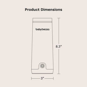 Product dimensions diagram showing a baby brezza portable warmer outline with labeled measurements of 8.3 inches tall and 3 inches wide on a light beige background.