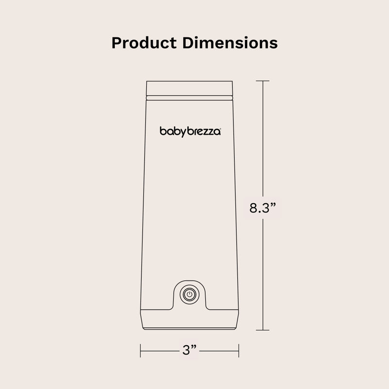 Product dimensions diagram showing a baby brezza portable warmer outline with labeled measurements of 8.3 inches tall and 3 inches wide on a light beige background.