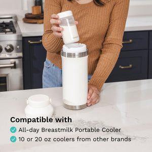 Person using a portable breastmilk cooler in a kitchen setting, text indicating "Compatible with All day Breastmilk Portable Cooler, or 10 or 20 oz. coolers from other brands