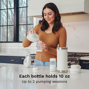 Woman in a kitchen pouring from a white container with text about the bottle's capacity, indicating "Each bottle holds 10 oz."
