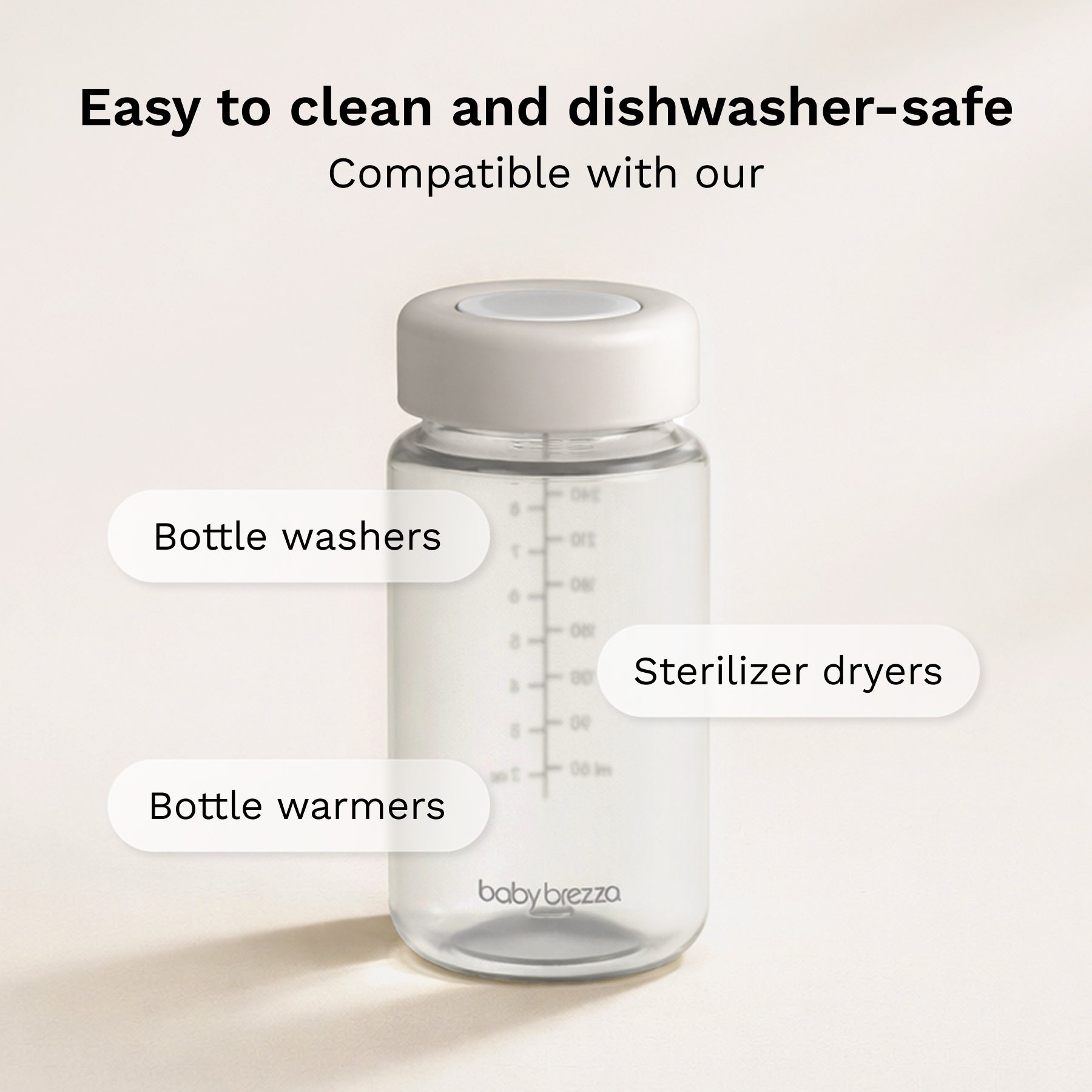 Replacement milk bottle with white cap on a light background, labeled as easy to clean and dishwasher-safe.