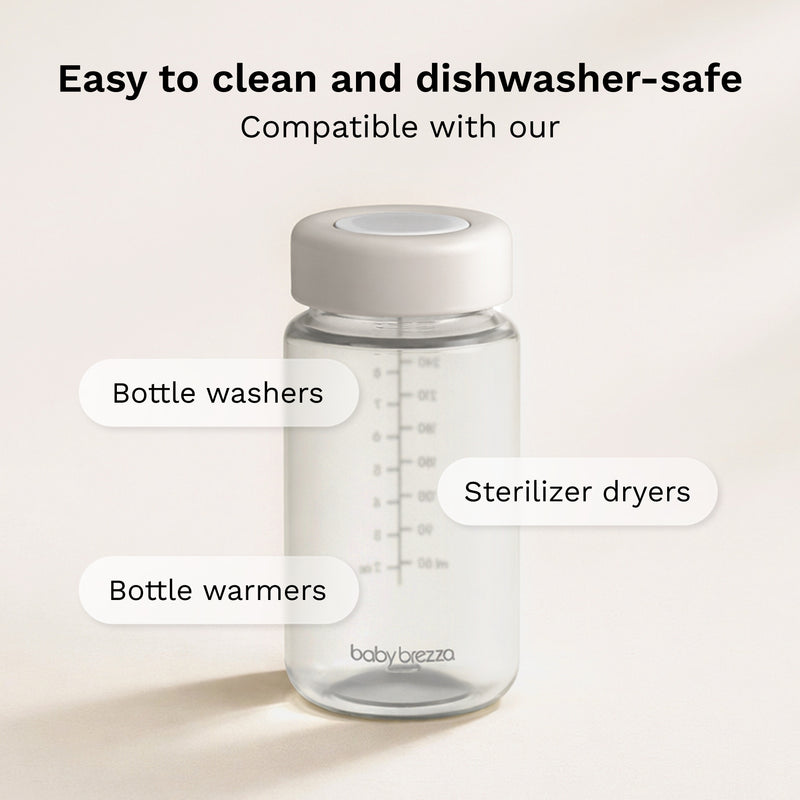 Replacement milk bottle with white cap on a light background, labeled as easy to clean and dishwasher-safe.