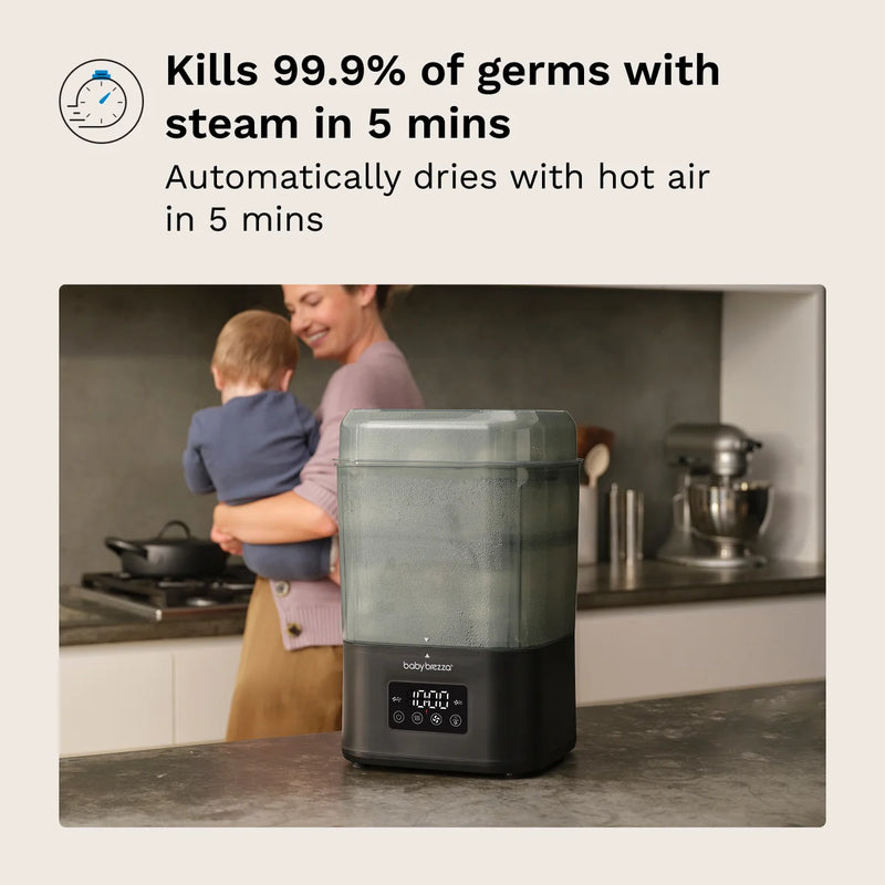 bottle sterilizer on a kitchen counter with text about its germ-killing and drying capabilities. baby brezza