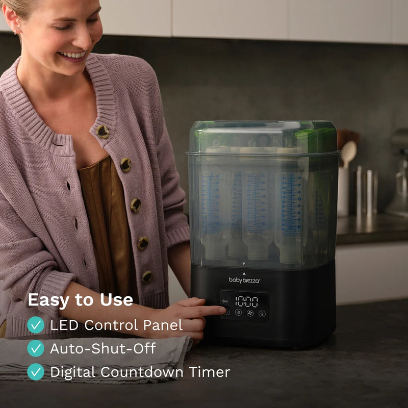 superquick sterilizer dryer from baby brezza is easy to use with an led control panel, auto shut-off and digital countdown timer