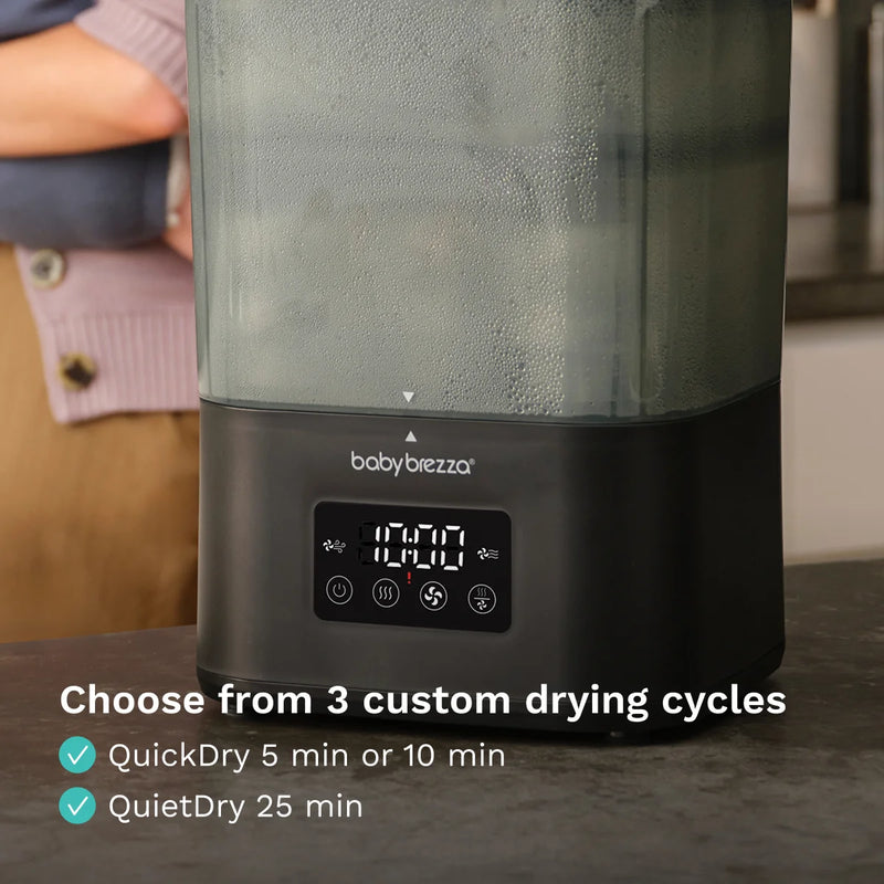 Babybrezza sterilizer dryer with digital display and text about customizable drying cycles.