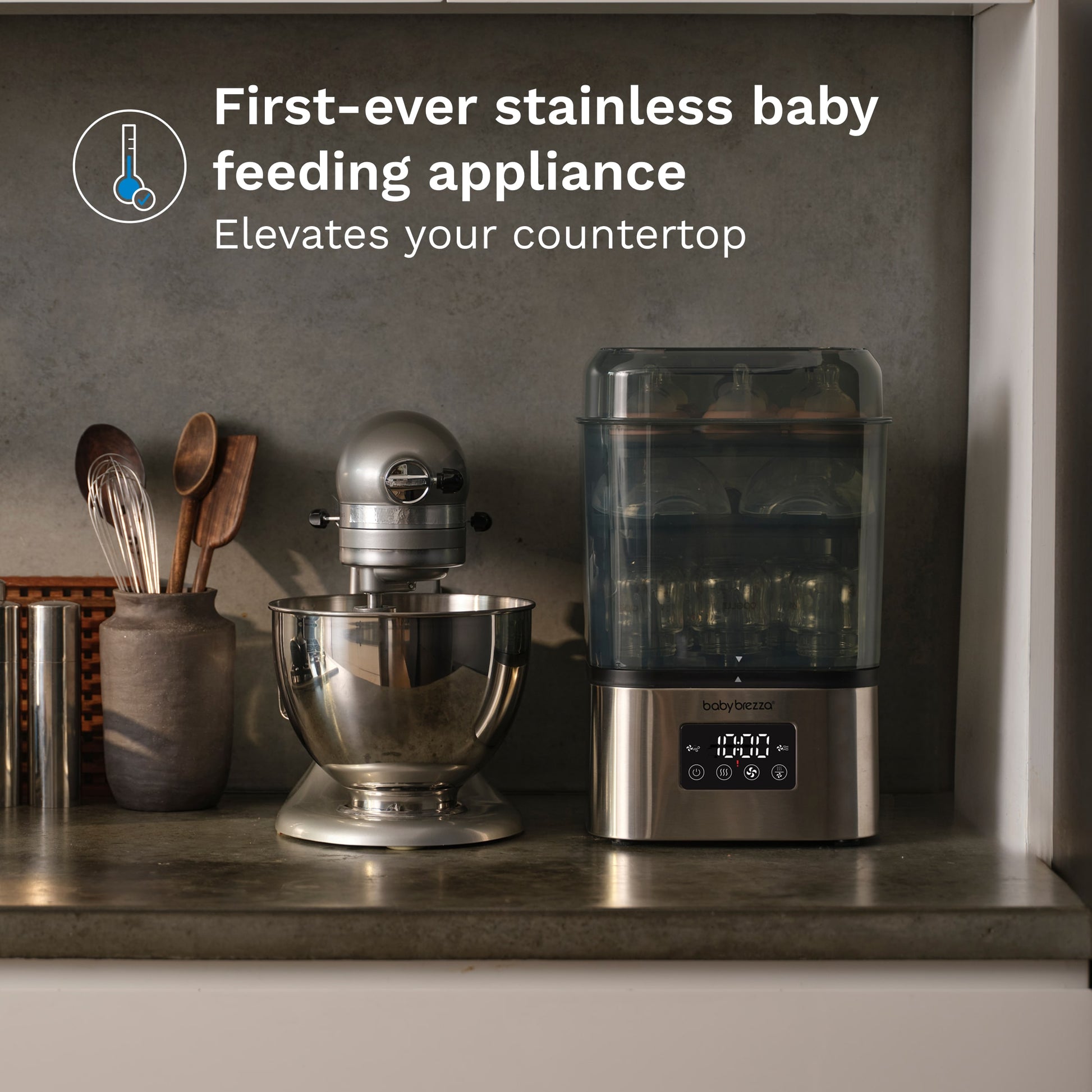 #variant_stainless-steel first ever stainless steel baby feeding appliance to elevate your kitchen countertop super quick 10 minute baby bottle sterilizer dryer